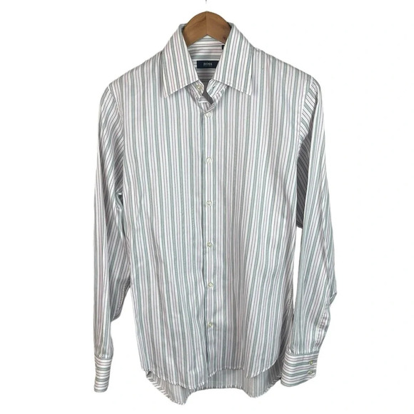 BF1261 Men’s BOSS Hugo Boss Designer Striped Button Dress Shirt 15 Small S - Picture 1 of 5
